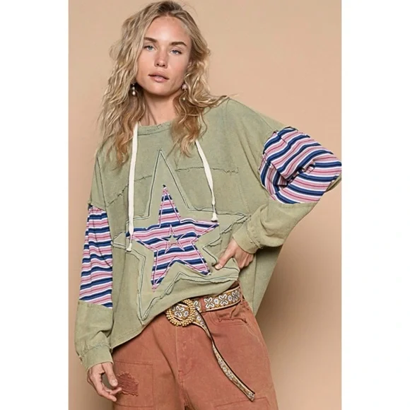 POL Star Patch Oversized Hoodie in Olive Mineral Wash - Picture 1 of 5